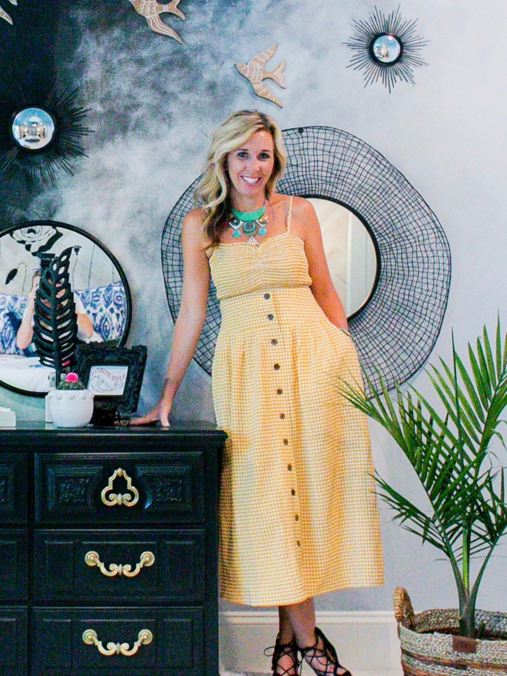 Yellow Gingham Button-Front Midi two piece outfit with Adjustable Straps
